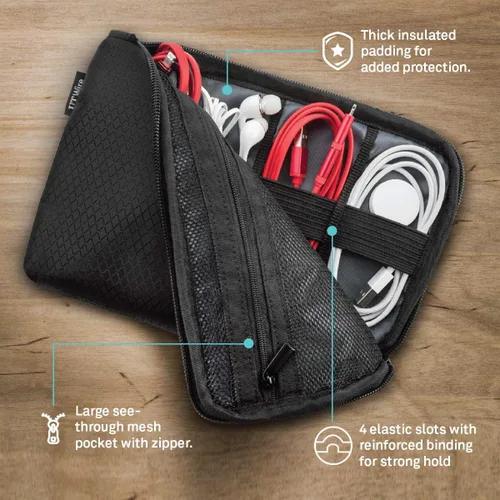Miniatura 3 de UT Wire Estuche organizador de viaje de bolsillo con cremallera para cargador, cable, banco de energía, accesorios de memoria flash en negro