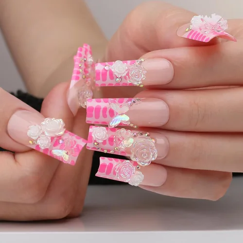 Miniatura 14 de Uñas postizas largas a presión, cuadradas, francesas, nude, rosa, lazo de lujo y diamantes de imitación de flores 3D, 24 unidades, uñas brillantes