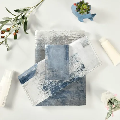 Miniatura 6 de Juego de toallas de baño vintage, juego de 3 toallas suaves de pintura abstracta retro azul gris