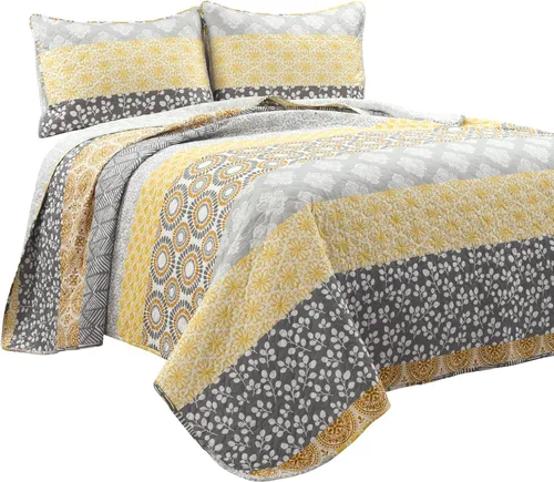 Miniatura 9 de Lush Decor Juego de colcha reversible de algodón con diseño bohemio a rayas, juego de 3 piezas, matrimonial/reina, amarillo y gris - Juego de ropa