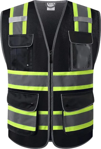Miniatura 6 de Chalecos de seguridad reflectantes clase 2 retro con 9 bolsillos y cremallera frontal ANSI/ISEA 107-2015 (Negro-03, S)