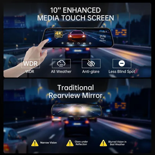 Miniatura 9 de Veement Cámara de espejo retrovisor 4K, cámara de tablero de espejo 4K de 10 pulgadas con cámara de respaldo de 1080P, cámara de tablero frontal