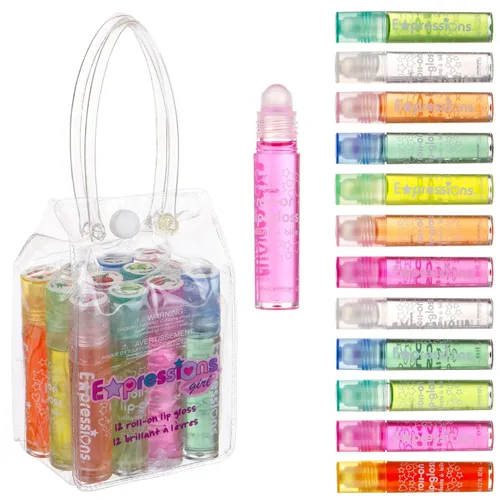 Expressions girl Juego de brillo labial enrollable de 12 piezas con estuche de transporte, maquillaje de labios brillante para niños y adolescentes,