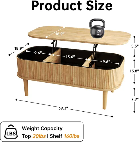 Miniatura 2 de Mesa de centro acanalada con tapa elevable y almacenamiento oculto, mesa de centro ovalada con tapa elevable, diseño moderno de mediados de siglo