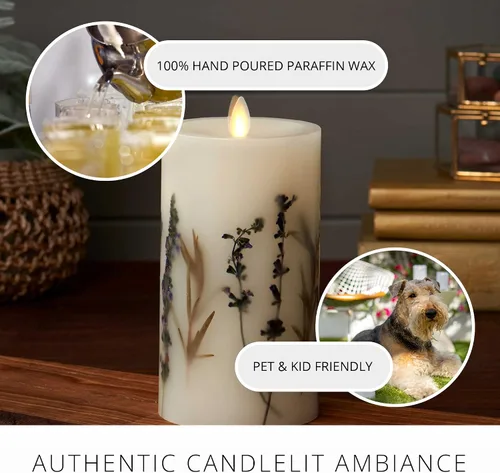 Miniatura 4 de Luminara Vela de pilar de llama artificial realista con inclusión de lavanda y romero - Luces LED de llama móvil a pilas - Listo para control remoto
