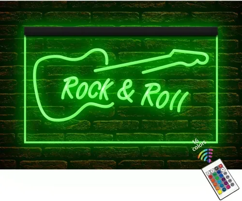 140009 Rock and Roll Guitarra Music Room Decoración del hogar, Centro de tiendas, pantalla abierta, luz LED de neón (12 x 8 pulgadas, 16 colores por