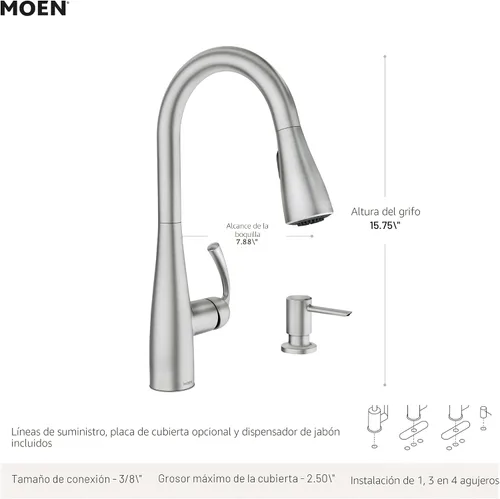 Miniatura 3 de Moen Essie 87014SRS - Juego de grifo de fregadero de cocina con rociador desplegable de acero inoxidable resistente a los puntos con dispensador