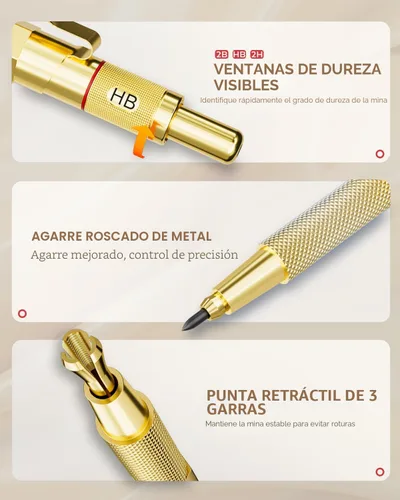 Miniatura 2 de Nicpro - Juego de lápices mecánicos dorados, 3 lápices metálicos de dibujo de 0.01 pulgadas, 0.02 pulgadas y 0.03 pulgadas, y 3 lápices con minas
