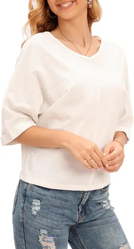 Miniatura 4 de LNX Camisas de lino con botones y cuello en V para mujer, blusas casuales de verano