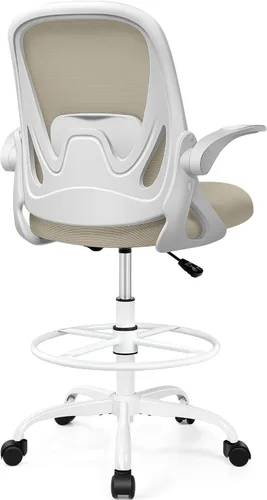 Silla de dibujo alta de oficina con reposabrazos abatibles, altura ajustable y soporte lumbar mejorado, taburete ergonómico rodante, soporte de Caqui