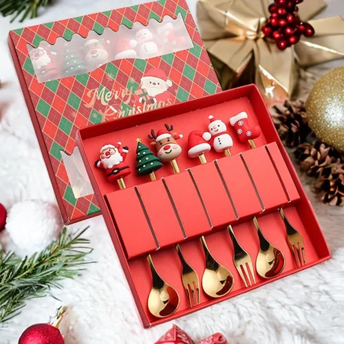 Miniatura 7 de MagiDeal Juego de 6 cucharas de Navidad, tenedores de acero inoxidable, cucharas de postre de acero inoxidable, cucharas de postre de sopa, cucharas