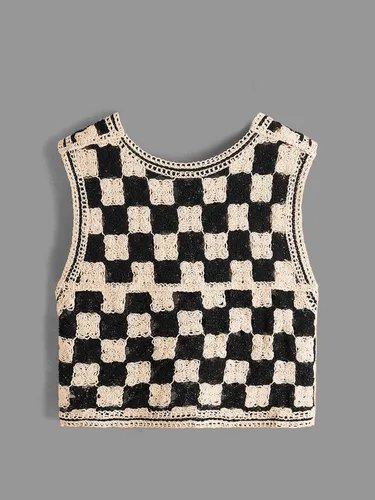 Miniatura 2 de Verdusa Chaleco de punto a cuadros sin mangas con cuello en V y botones para mujer