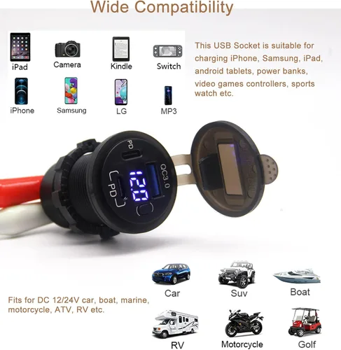 Miniatura 7 de Toma de corriente USB de 12 V, enchufe de cargador de coche USB C dual y puerto de carga rápida 3.0 con voltímetro e interruptor de alimentación