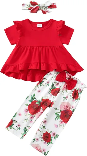 Miniatura 84 de Kucnuzki Conjunto de ropa para bebé niña pequeña, camisa de manga con volantes, pantalón floral, ropa de otoño e invierno para niña