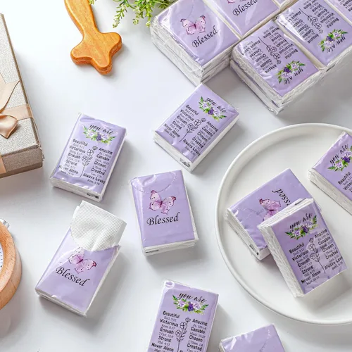 Miniatura 4 de Harloon 100 paquetes de pañuelos faciales cristianos de mariposa púrpura en tamaño de billetera de bolsillo, pañuelos de viaje de 3 capas