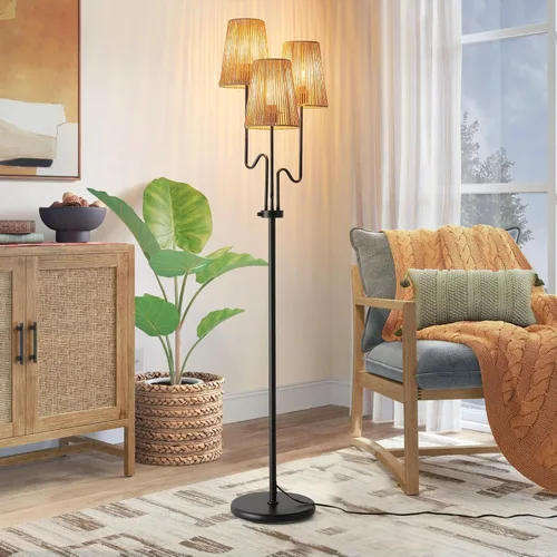 Miniatura 2 de Lámpara de pie regulable, 68 pulgadas, lámparas de pie bohemias con pantalla natural, lámpara de árbol de 3 luces para decoración de estilo costero