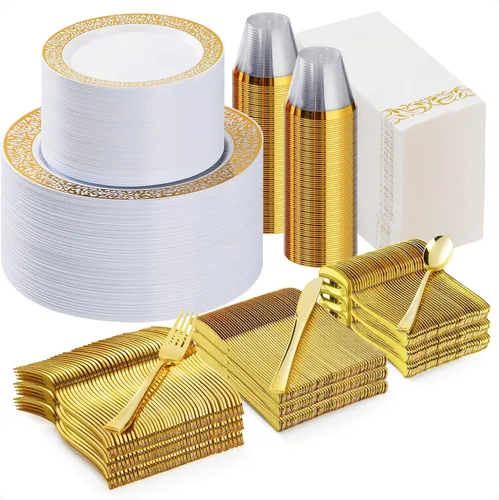 Bestluck Juego de vajilla de plástico dorado de 700 piezas para 100 invitados, platos desechables para fiesta, incluye 100 platos de cena dorados,
