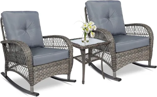 Miniatura 28 de VIVIJASON Mecedora de mimbre para exteriores, silla mecedora de ratán para patio con cojines y marco de acero, muebles de mimbre mecedores