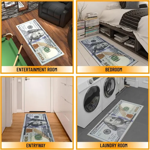 Miniatura 3 de Tapete largo y moderno con diseño de billetes de $100, tapete con respaldo de caucho antideslizante y lavable a máquina para pasillo, cocina