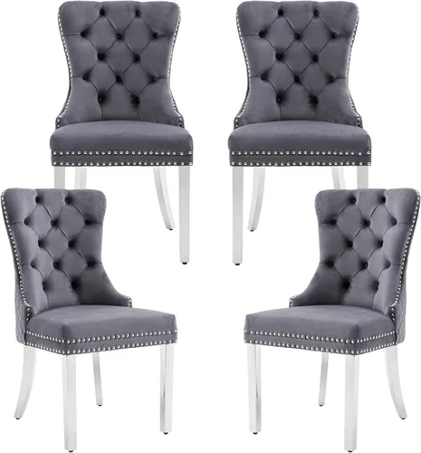 Miniatura 12 de Civama Juego de 2 sillas de comedor, elegantes sillas de comedor de terciopelo capitonado de lujo con patas doradas y adornos de clavos, tirador