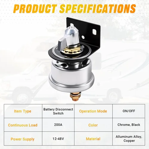 Miniatura 3 de FEITON Interruptor de Desconexión de Batería de 200A 12V Interruptor de Corte de Batería de Servicio Pesado con Soporte de Montaje de Poste Lateral