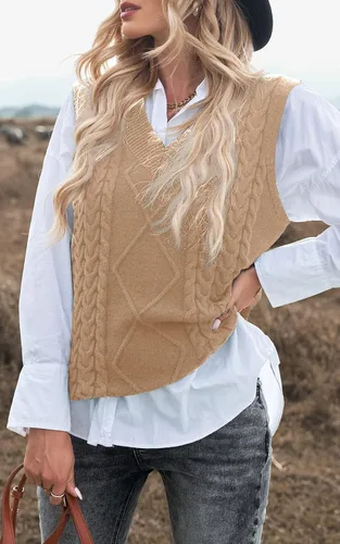 Miniatura 5 de NALANISA Suéter sin mangas con cuello en V para mujer, de gran tamaño, casual, holgado, de punto trenzado, sin botones, para otoño e invierno