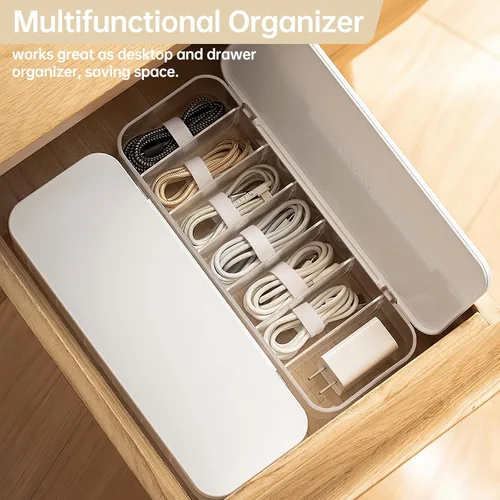 Miniatura 2 de PAVSTINE Organizador de Cables Caja de Almacenamiento con 7 bridas de alambre, caja de organización de cables de escritorio con tapa, organizador