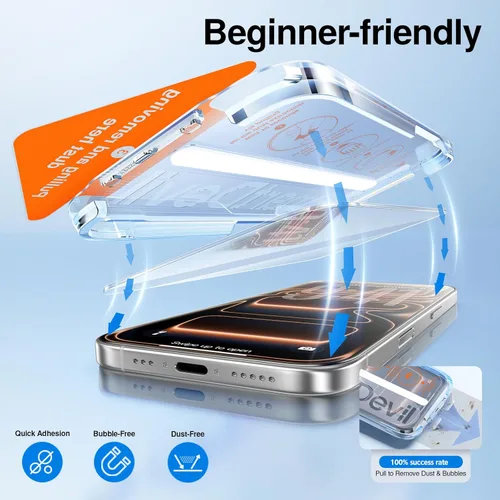 Miniatura 2 de SMARTDEVIL Paquete de 2+2 protectores de pantalla transparente HD para iPhone 17 Pro Max con 2 protectores de lente de cámara, vidrio templado 9H