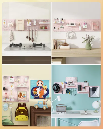 Miniatura 5 de Kit combinado de tablero de clavijas de metal, 4 tableros de clavijas de acero al carbono con 26 accesorios, organizador de pared para el hogar, Rosa