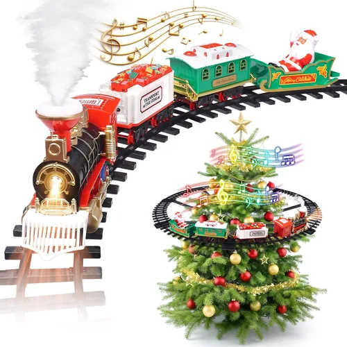 Juego de tren de Navidad 2 en 1 para colgar alrededor del árbol, juguetes para niños pequeños con pista de lujo, sonido y humo, juego de juguetes de
