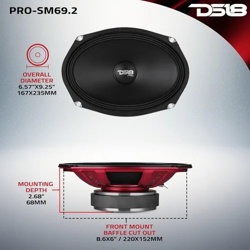 Miniatura 5 de DS18 PRO-SM69.2 6x9 Altavoz de Cono de Rango Medio de Montaje Poco Profundo Resistente al Agua, 500W Potencia Máxima, 250W RMS, 2 Ohmios - Perfecto