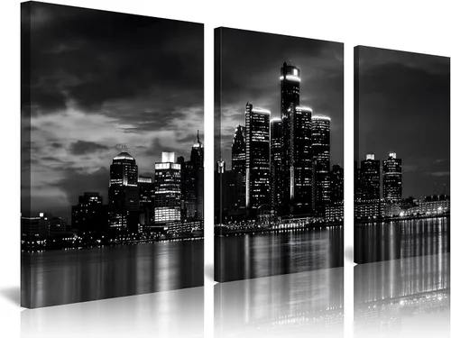 Miniatura 41 de NAN Wind Detroit Skyline - Lienzo decorativo para pared, paisaje urbano, escena nocturna, impresión artística de ciudad en blanco y negro sobre