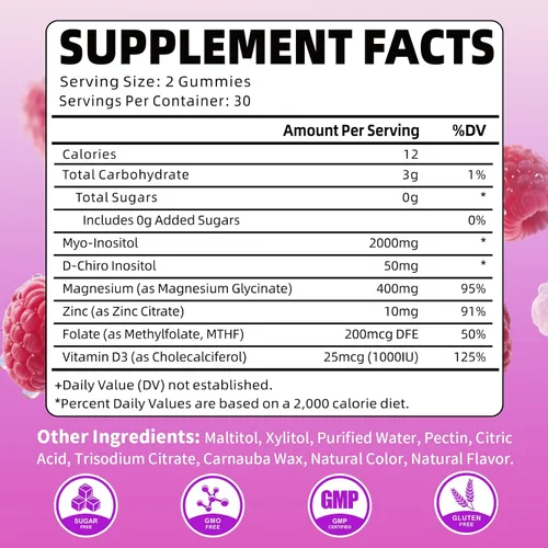Miniatura 3 de Gomitas de mio-inositol y D-Chiro inositol, proporción 40:1 suplemento de inositol con vitamina D3, glicinato de magnesio, folato y zinc
