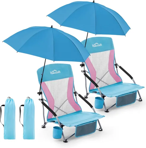 Miniatura 9 de Homcosan Silla de playa portátil baja plegable con paraguas desmontable, silla de campamento ligera para adultos con portavasos y bolsillo