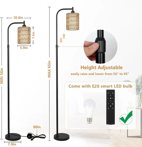 Miniatura 5 de LAMSU Lámpara de pie con control remoto, lámpara de pie de ratán regulable con bombilla LED, lámpara de poste alto industrial negra con pantallas