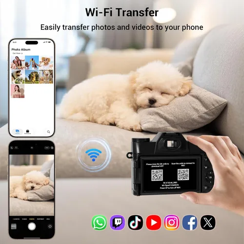 Miniatura 4 de Cámara digital, 75MP WiFi 4K Vlogging cámara de video para YouTube con pantalla abatible de 180° de 3 pulgadas, tarjeta SD de 64 GB, antivibración