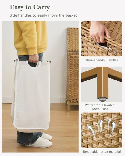 Miniatura 4 de SETVSON Cesta de ropa sucia con tapa de 132 L, (35 galones) cesta de ropa sucia con tapa, cesta de ropa sucia de ratán tejida a mano con pies Natural