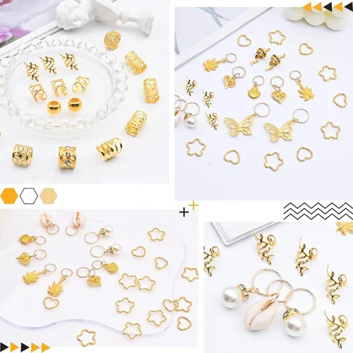 Miniatura 4 de Juego de accesorios dorados para el cabello de 236 piezas: joyas, dijes, anillos y puños para trenzas, rastas, estilos de Loc y peinado rave