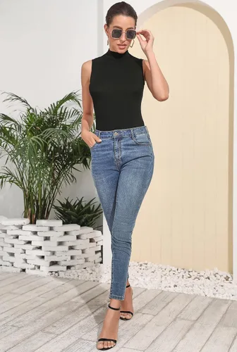 Miniatura 5 de MANGDIUP Camiseta básica de manga larga con cuello alto falso para mujer, sin mangas, ajustada