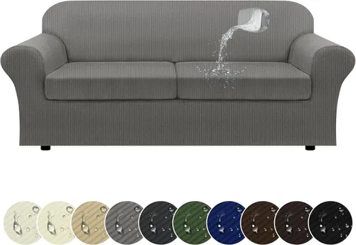 Miniatura 26 de Funda impermeable para silla con brazos, juego de 2 piezas, funda a rayas para 1 sofá separado con cojín en T, fundas de sillón de tela