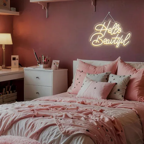Miniatura 2 de LooKLight Letrero de neón con texto en inglés «Hello Beautiul», color blanco cálido, letras de neón para decoración de pared, letreros de luz LED