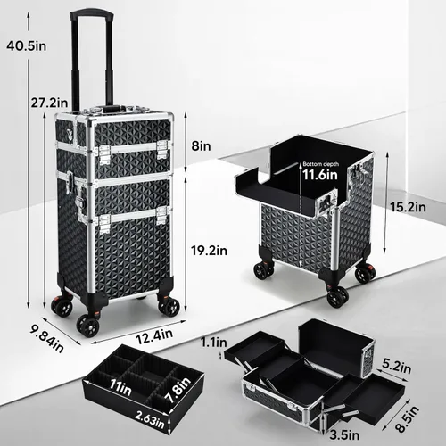 Miniatura 6 de Estuche de maquillaje profesional rodante, 3 en 1, estuche de cosmetología sobre ruedas, carrito de maquillaje grande para peluquería y peluquería