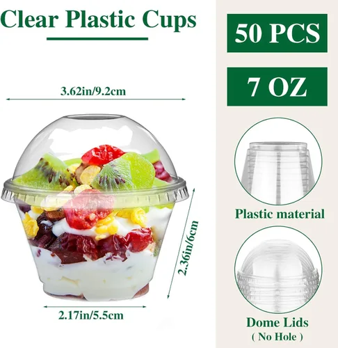 Miniatura 2 de Juego de 50 vasos de plástico desechables de 7 onzas con tapas, vasos de postre de plástico transparente con tapas de cúpula (sin agujero), tazas