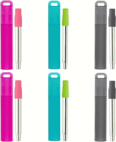 Paquete de 6 pajitas reutilizables, pajitas plegables portátiles de acero inoxidable con estuche, puntas de silicona y cepillo de limpieza, pajita