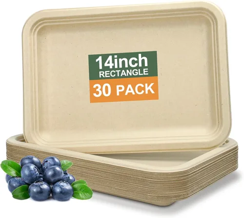 Platos de papel desechables, paquete de 30 bandejas de alimentos de bagazo, platos compostables y biodegradables de 14 pulgadas, sin blanquear, sin
