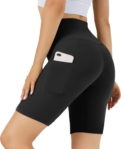 TNNZEET Pantalones cortos de ciclismo para mujer con bolsillos, cintura alta, pantalones cortos deportivos de entrenamiento negros de 8 pulgadas