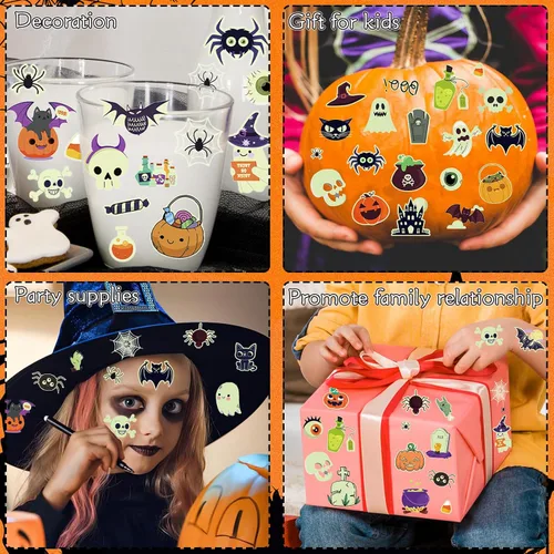 Miniatura 5 de Ozepao Juego de 10 hojas de calcomanías temporales de tatuaje de Halloween, 88 diseños únicos con calabazas, calaveras, esqueletos, fantasmas