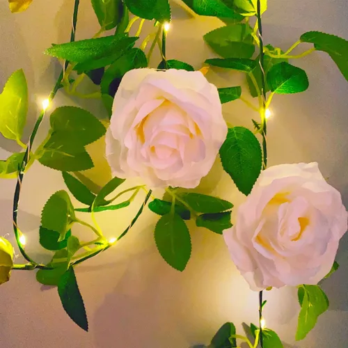 Guirnalda de flores artificiales Fielegen con 20 luces de cadena LED, guirnalda de rosas colgantes de 2 metros con decoración de luces para jardín,