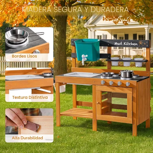 Miniatura 8 de ROBUD Cocina de Barro para Niños al Aire Libre, Cocina de Juego de Madera al Aire Libre, Cocina de Barro para Niños con Fregadero y Grifo