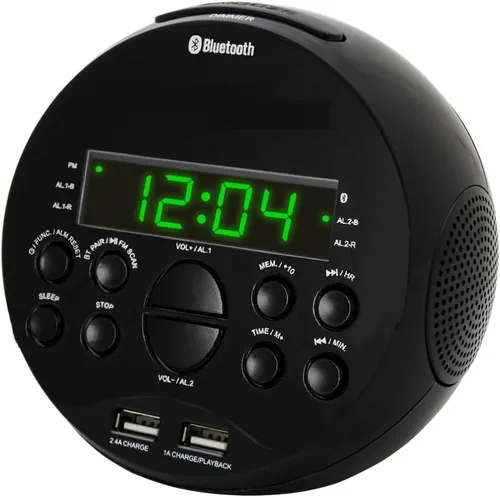 HANNLOMAX Radio despertador HX-129CR. Radio FM PLL, pantalla LED verde de 0.6 pulgadas, Bluetooth, puertos USB para carga de 2.4A y 1A/reproducción
